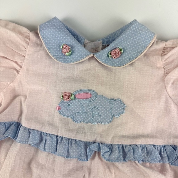 Vintage 90s Kids N’ Fun Sz 12M Easter Bunny Romper Blue Pink w/ Ruffles Collared - Picture 2 of 9